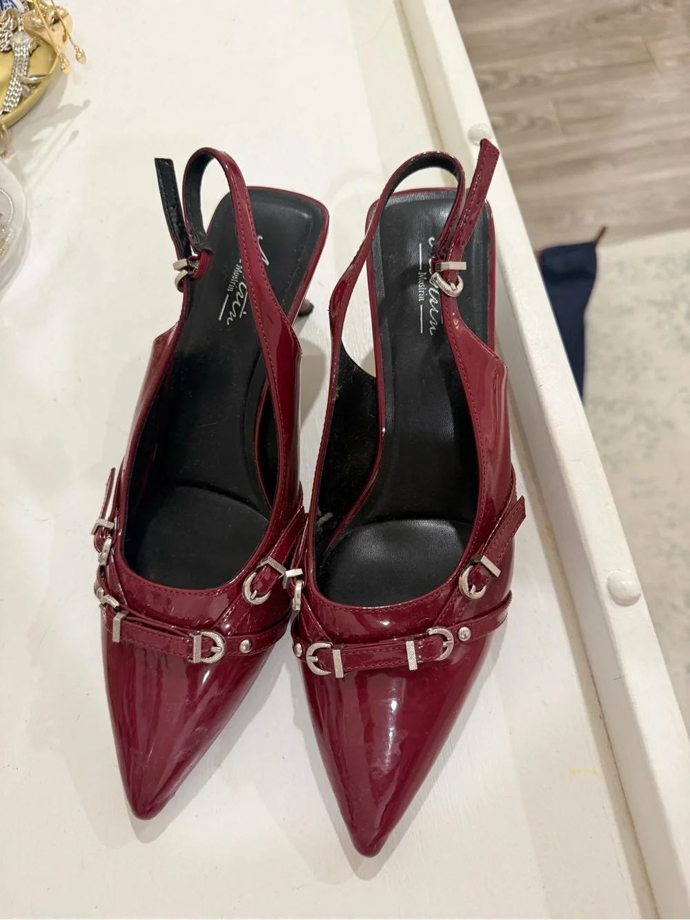 Women's Burgundy Patent Slingback Pointed-Toe Heels